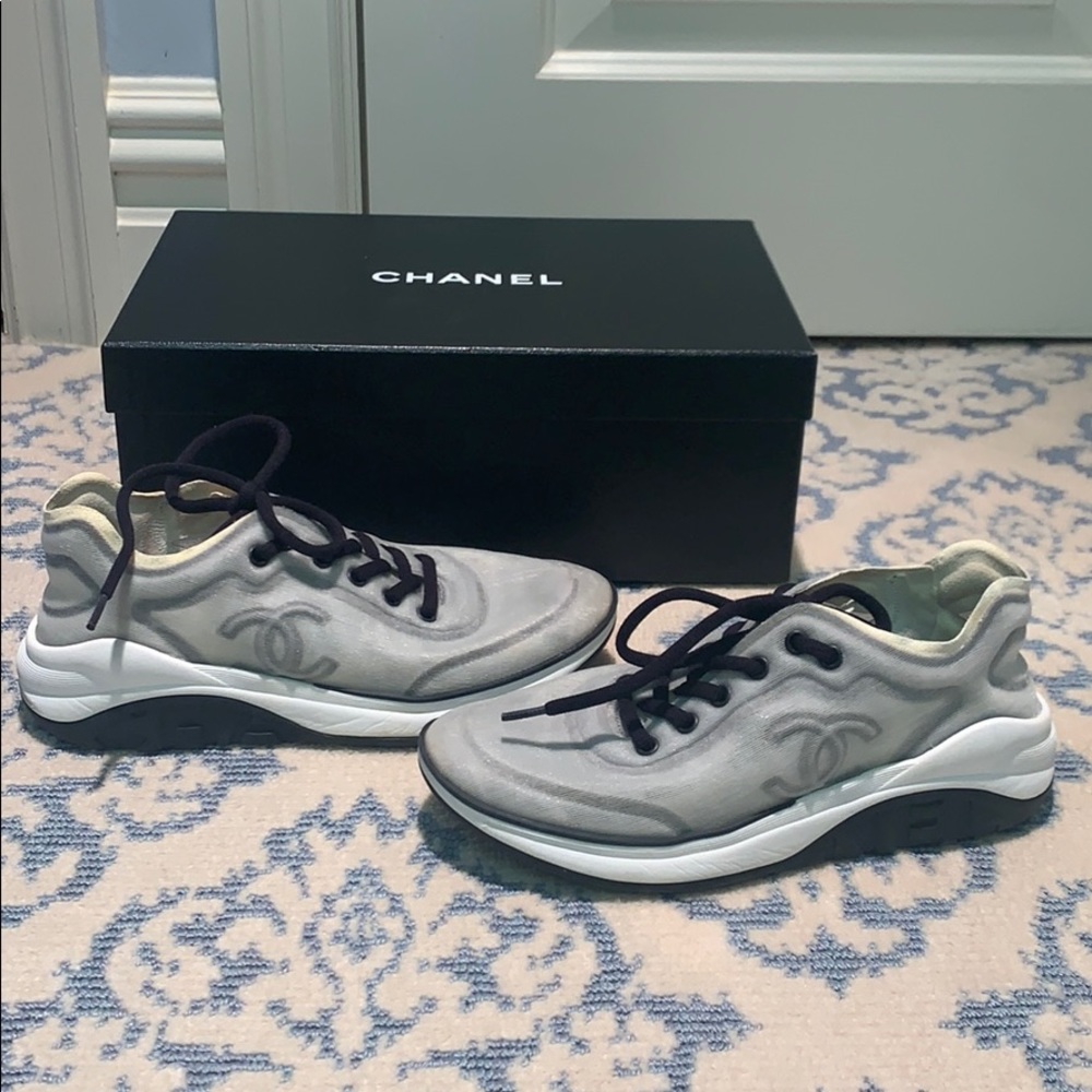 Chanel White/Black Mesh/Lycra Logo Sneakers
